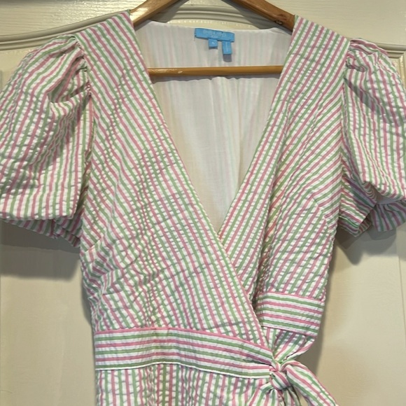 Draper James Pink & Green Striped Seersucker Wrap Dress w/Puff Sleeve & Ruffles - Picture 3 of 8